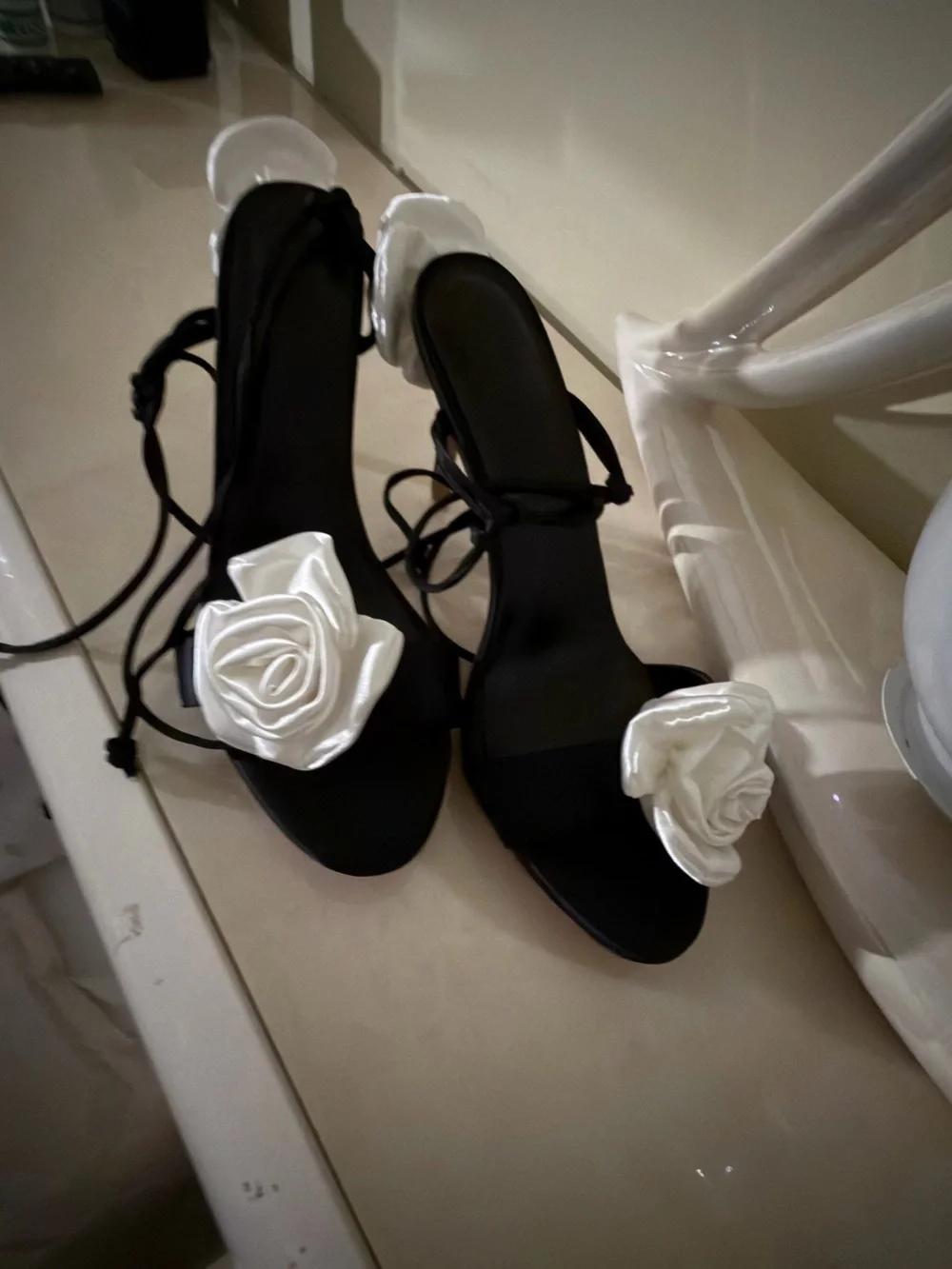 Black Evening Sandals with White Rose Accent